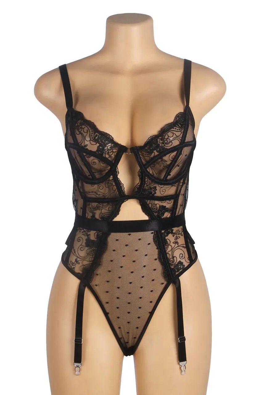 Embroidered Lace Hollow Cut Teddy Lingerie - Love Salve